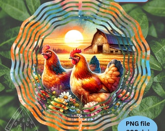 Chicken Wind Spinner Sublimation Design PNG Country Farm Sunset Welcome Wind Spinner Digital Download Sunset Chicken Wind Spinner PNG File