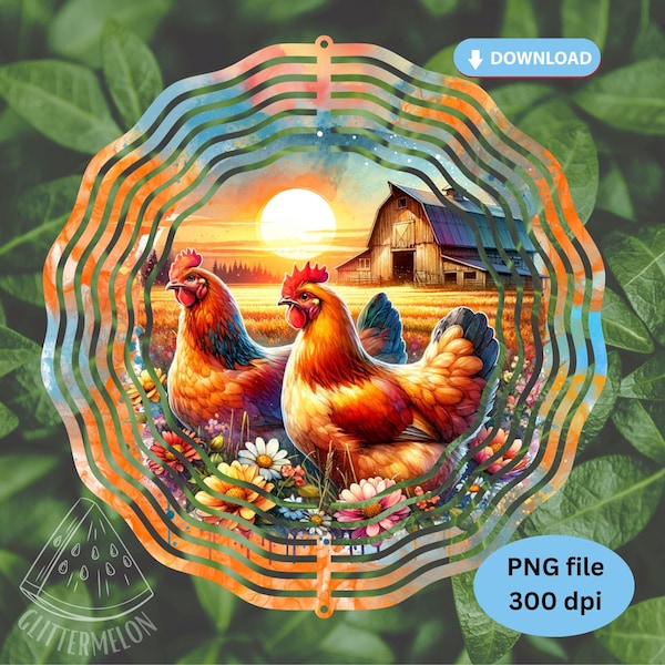 Chicken Wind Spinner Sublimation Design PNG Country Farm Sunset Welcome Wind Spinner Digital Download Sunset Chicken Wind Spinner PNG File