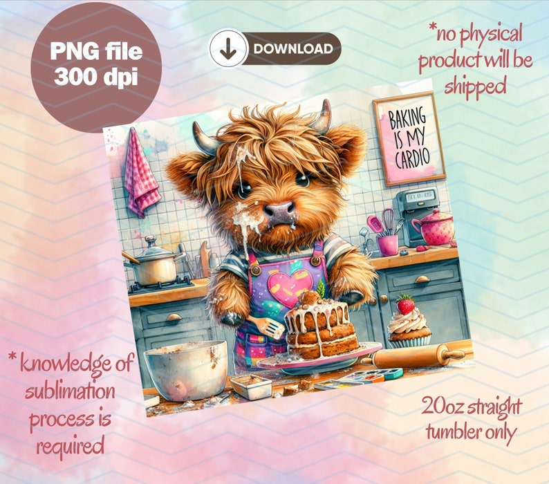 Baking Highland Cow 20 Oz Tumbler PNG, Messy Kitchen (digital Download ...