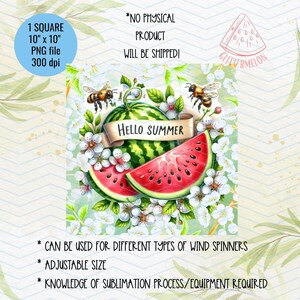 May include: A digital design featuring a watermelon with the text "Hello Summer" on a banner. The watermelon is surrounded by white flowers and green leaves. Two bees are flying near the watermelon. This design is perfect for creating summer-themed crafts.