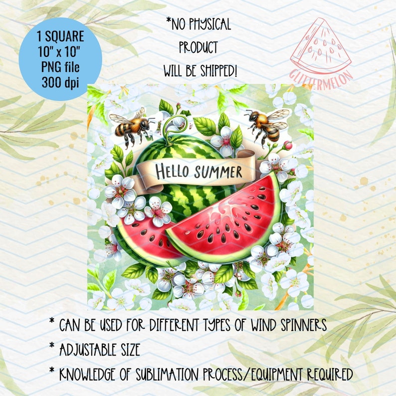 May include: A digital design featuring a watermelon with the text "Hello Summer" on a banner. The watermelon is surrounded by white flowers and green leaves. Two bees are flying near the watermelon. This design is perfect for creating summer-themed crafts.