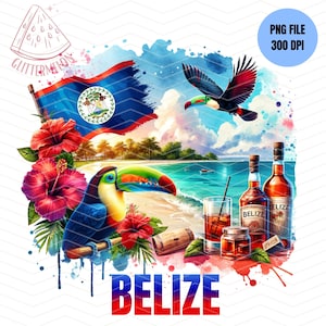 May include: A watercolor illustration of a tropical scene with a toucan, hibiscus flowers, a bottle of rum, a glass of rum, and the Belize flag. The text "BELIZE" is written in red and white letters.