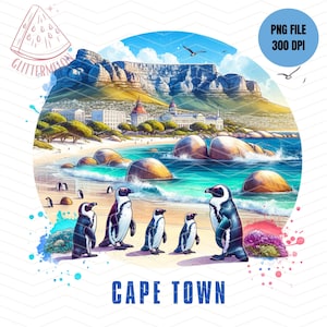 Diseño de sublimación de camiseta de Ciudad del Cabo PNG Playa de cantos rodados Ciudad del Cabo Pingüinos africanos PNG Regalo Arte de Sudáfrica Viaje a Ciudad del Cabo 2024