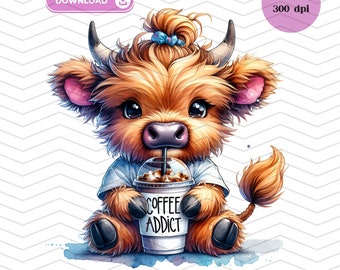 Coffee Addict Highland Cow PNG, Design a sublimazione per amanti del caffè (download digitale)
