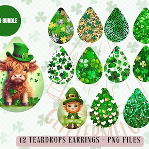 May include: Twelve teardrop-shaped earrings with various St. Patrick's Day themed designs.  The designs include a highland cow wearing a green hat, shamrocks, glitter, and hearts.  The earrings are all green and gold.
