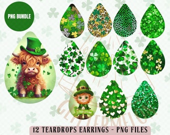 St. Patrick Teardrop Earrings PNG Bundle Sublimation Highland Cow Earring Design Teardrop Template Printable Earrings Digital Download