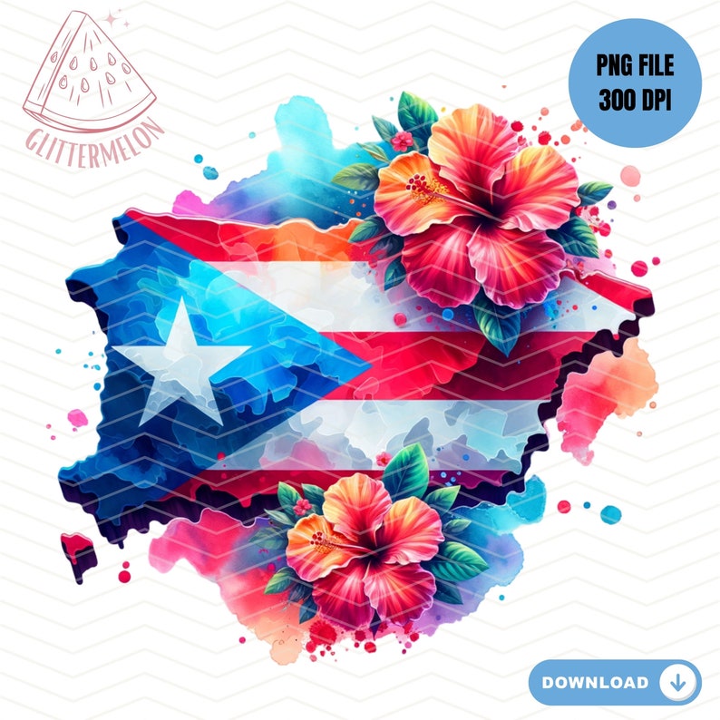 May include: A watercolor illustration of the Puerto Rican flag with hibiscus flowers in shades of red, orange, and pink. The flag is in the shape of the island of Puerto Rico.