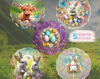 Easter Bundle Wind Spinner Sublimation Design PNG Spring Easter Eggs Bunny Highland Cow Floral Wind Spinner Digital Download PNG File
