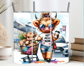 Shopping Mom Tumbler Wrap Hot Mess Mom Highland Cow Sublimation PNG 20 Oz Straight Skinny Tumbler PNG Mothers Day Gift Funny Mom Tumbler PNG