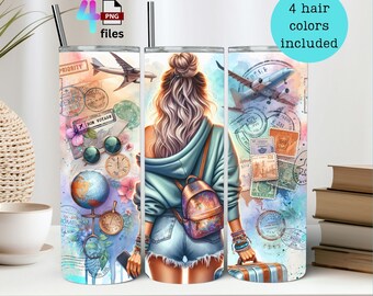 Reisen Mädchen Tumbler Wrap, Sommer Urlaub Design (PNG Digital Download)