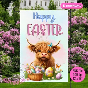May include: A digital download of a 12x18 inch, 300 dpi PNG file featuring a Highland cow with a blue butterfly on its head, surrounded by Easter eggs and flowers. The text "Happy Easter" is written in pink and blue letters at the top of the image.