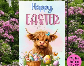Happy Easter Garden Flag PNG Cute Highland Cow Sublimation Design PNG Floral Easter Eggs Digital Download PNG File Highland Cow Garden Flag