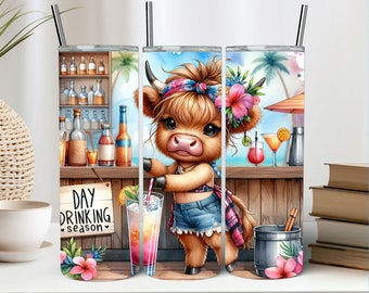 Highland Cow Tumbler PNG: Beach Cocktail, Summer Vibes (20 Oz Skinny Tumbler)