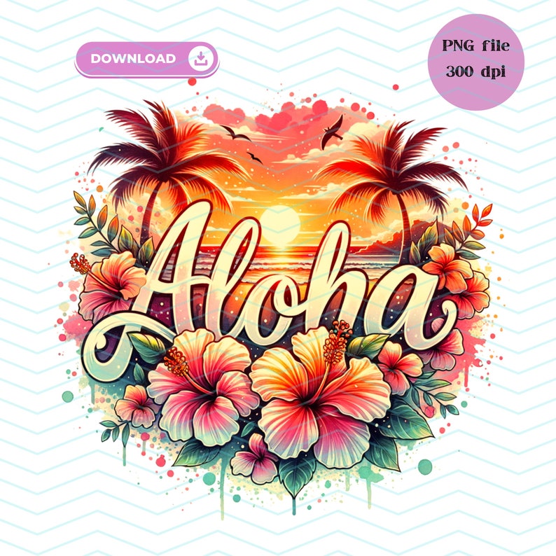 May include: Aloha graphic with a sunset over the ocean, palm trees, and hibiscus flowers. The word Aloha is in a stylized font.
