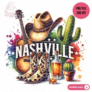 Pu&ograve; includere: Un'illustrazione ad acquerello di un cappello da cowboy, una chitarra, stivali da cowboy, una bottiglia di whisky, un bicchiere di whisky e un cactus. Le parole "NASHVILLE" sono scritte in lettere bianche su uno sfondo colorato.
