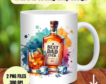 May include: White ceramic mug with a watercolor design of a bottle of whiskey, a glass of whiskey with ice, and the text "Best Dad Ever".