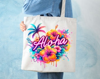 May include: A white tote bag with a colorful design featuring tropical flowers, palm trees, and the word "Aloha" in neon pink lettering. The design has a watercolor effect with splashes of color.