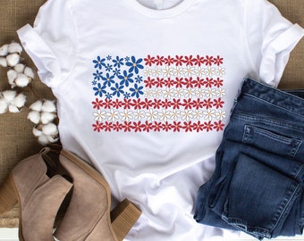 Floral USA Flag Shirt PNG 4th of July Daisies American Flag Patriotic Shirt Sublimation Blue Red White Daisies PNG Design Digital Design