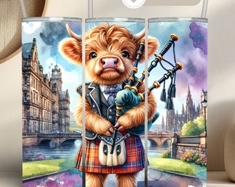 Bicchiere con mucca scozzese delle Highlands e cornamusa PNG (20 Oz Straight Skinny)