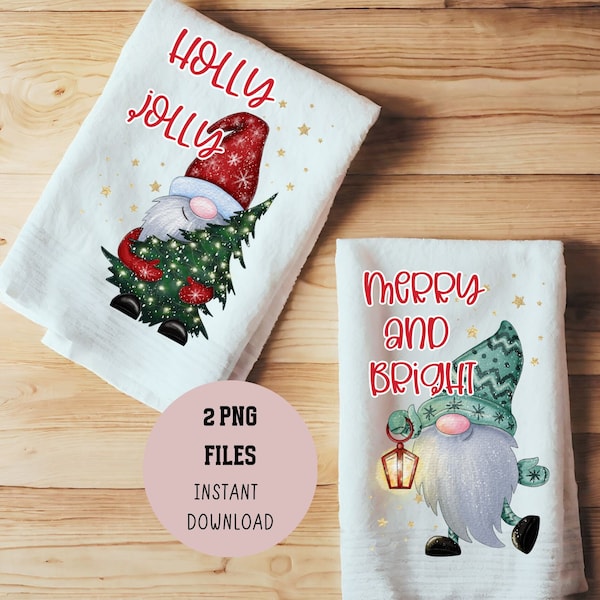 Gnomes Kitchen Towel PNG Christmas Tea Towel Sublimation Design Chef Coking Lover Gift PNG Holly Jolly Merry and Bright Kitchen Towel Design