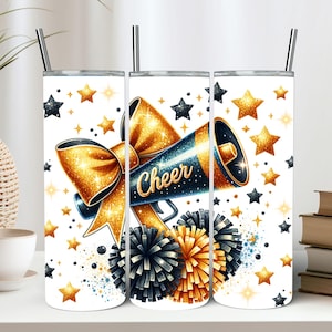 Sparkling Cheer Tumbler Wrap Motivational Sport Cheerleader 20 Oz Straight Tumbler Digital Download Glitter Gold Black Tumbler Sublimation