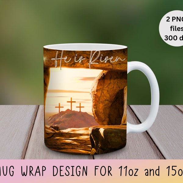 He Is Risen Easter Mug Wrap PNG Sublimation 11oz 15 oz Coffee Tea Mug PNG Design Mug Wrap Download File Matthew 28:6 Bible Verse PNG