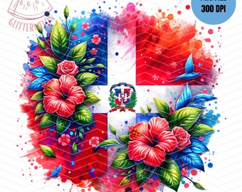 Dominican Republic Flag Sublimation PNG, Floral Patriotic Design (Digital Download)