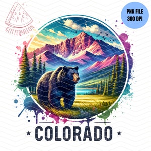 May include: A colorful watercolor illustration of a black bear standing in a field with mountains in the background. The text "COLORADO" is written below the image.