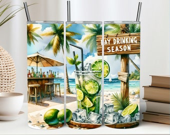 Day Drinking Season Tumbler Wrap Sublimation PNG 20 Oz Straight Skinny Tumbler Beach Bar Summer Cocktail Mojito PNG Funny Tumbler Wrap