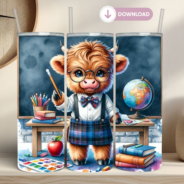 Teacher Highland Cow Sublimation Tumbler Wrap 20 Oz Straight Skinny Tumbler Teacher Appreciation Tumbler Teacher Gift Cute Animal Tumbler