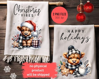 Toalla de cocina navideña PNG Vaca de las Tierras Altas a cuadros Ambiente navideño Vaca de chocolate caliente Papá Noel PNG Toalla de té Diseño de sublimación Regalo de chef PNG