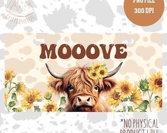 Highland Cow License Plate Sublimation Design, Sunflower PNG (Digital Download)