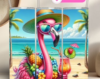 Vaso de flamenco con diseño de sublimación, PNG tropical playero (20 oz, recto y delgado) (descarga digital)