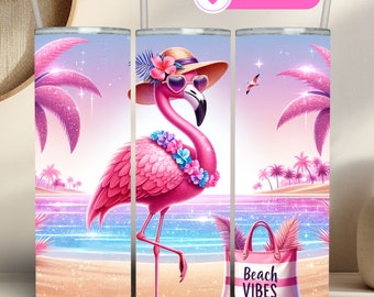 Vaso de flamenco con diseño de sublimación, delgado, de 20 oz, con ambiente playero (descarga digital PNG)