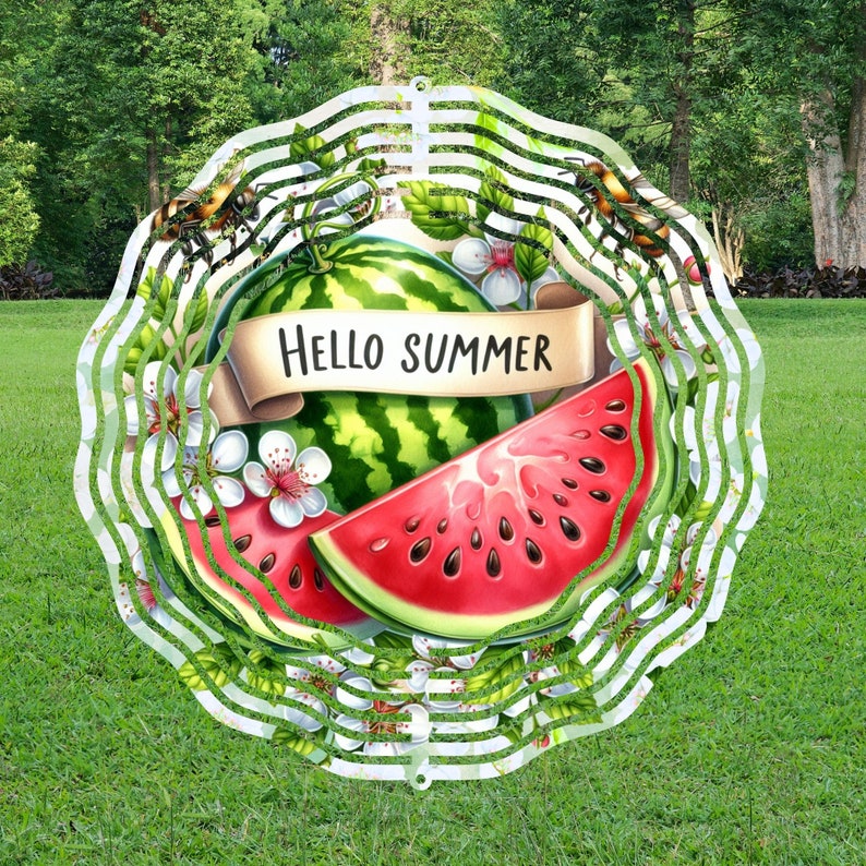 May include: A white metal wind spinner with a layered design featuring watermelon slices and a whole watermelon with the text "Hello Summer".