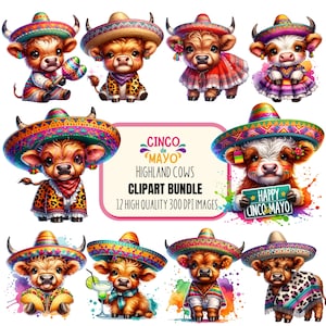 Bundle de cliparts vaches Highland Cinco de Mayo PNG Bundle de cliparts Cinco de Mayo vaches Highland aquarelle PNG mexicaine Happy Cinco de Mayo