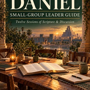 Könnte beinhalten: Ein Buchcover mit dem Titel DANIEL SMALL-GROUP LEADER GUIDE Twelve Sessions of Scripture & Discussion von Pastor Kelly O. Sullivan. Das Bild zeigt ein aufgeschlagenes Buch auf einem Holztisch mit Tassen und einer Laterne vor einer antiken Stadt bei Sonnenuntergang.