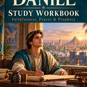 Könnte beinhalten: Das Daniel Study Workbook: Faithfulness, Prayer & Prophecy von Pastor Kelly O. Sullivan zeigt auf dem Cover eine Person in antiker Kleidung, die auf einer Schriftrolle schreibt und auf eine Stadt mit einer Zikkurat bei Sonnenuntergang blickt.