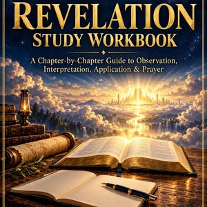 May include: A Revelation Study Workbook with gold lettering, featuring an open book, a scroll, a lit lantern, and a notebook with a pen on a wooden table. The background shows a glowing city in the clouds under a starry sky.