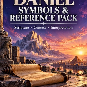 Könnte beinhalten: Ein Buchcover mit dem Titel DANIEL SYMBOLS & REFERENCE PACK Scripture • Context • Interpretation von Pastor Kelly O. Sullivan. Das Bild zeigt eine antike Schriftrolle auf einem Steinvorsprung mit einer Löwenstatue, Bergen und einer Stadt bei Sonnenuntergang.