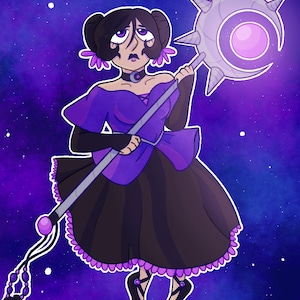 May include: A figure dressed in purple with dark hair and large eyes holds a silver staff with a crescent moon-shaped head and a pink orb at the end. The background is a starry night sky.