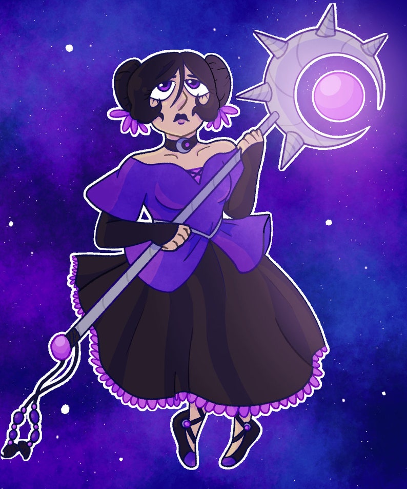 May include: A figure dressed in purple with dark hair and large eyes holds a silver staff with a crescent moon-shaped head and a pink orb at the end. The background is a starry night sky.