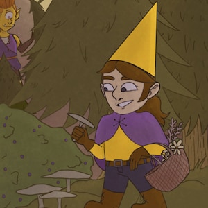 May include: A cartoon illustration of a gnome wearing a yellow hat and purple cloak, holding a mushroom and a basket of flowers. The gnome is standing in a woodland setting with a small pond in the foreground.