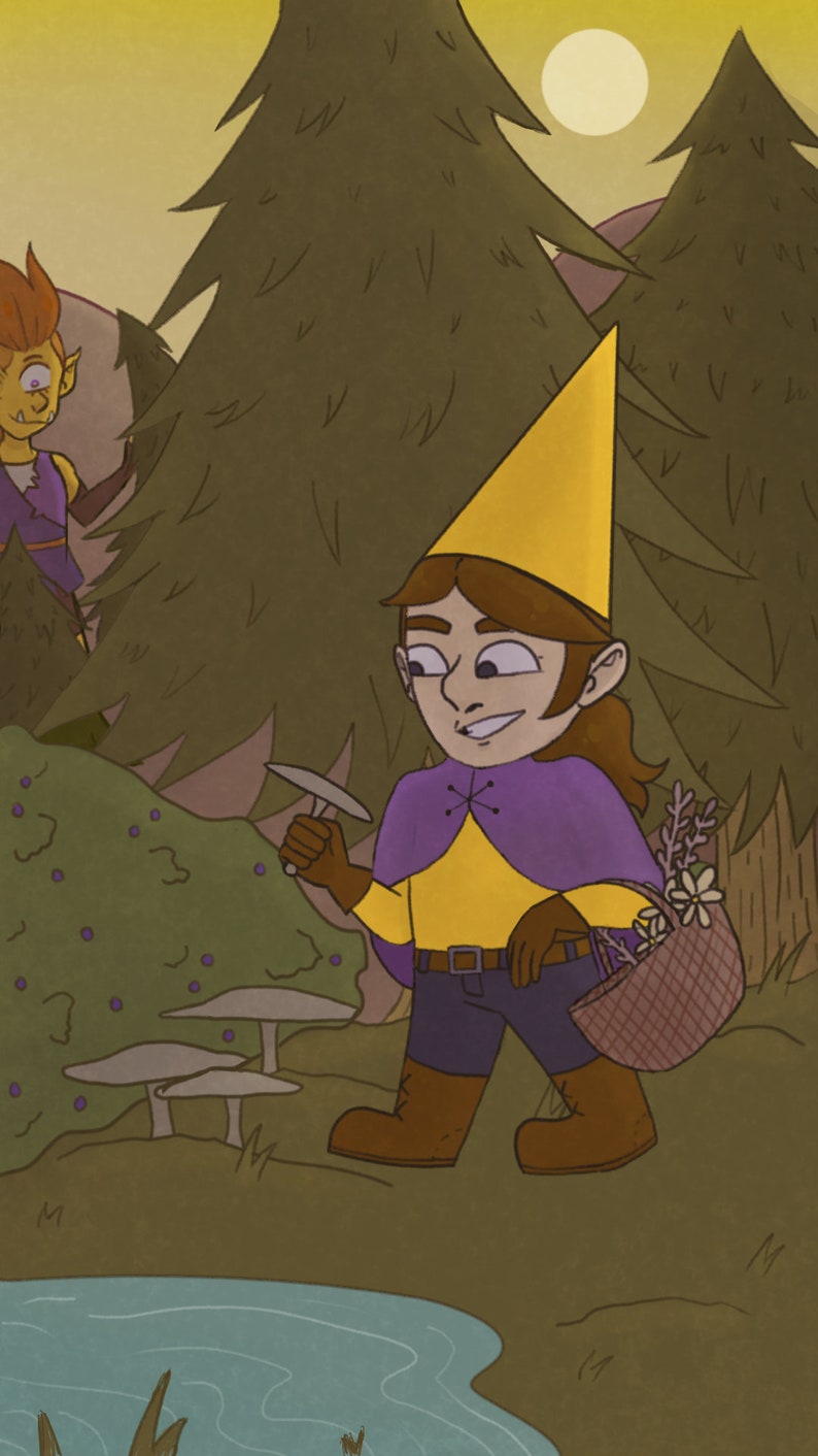May include: A cartoon illustration of a gnome wearing a yellow hat and purple cloak, holding a mushroom and a basket of flowers. The gnome is standing in a woodland setting with a small pond in the foreground.