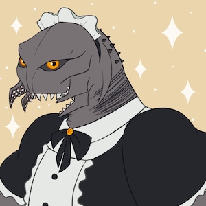 May include: A grey monster wearing a black and white maid outfit with a white frilly collar and a black bow. The monster has a large mouth with sharp teeth and orange eyes.