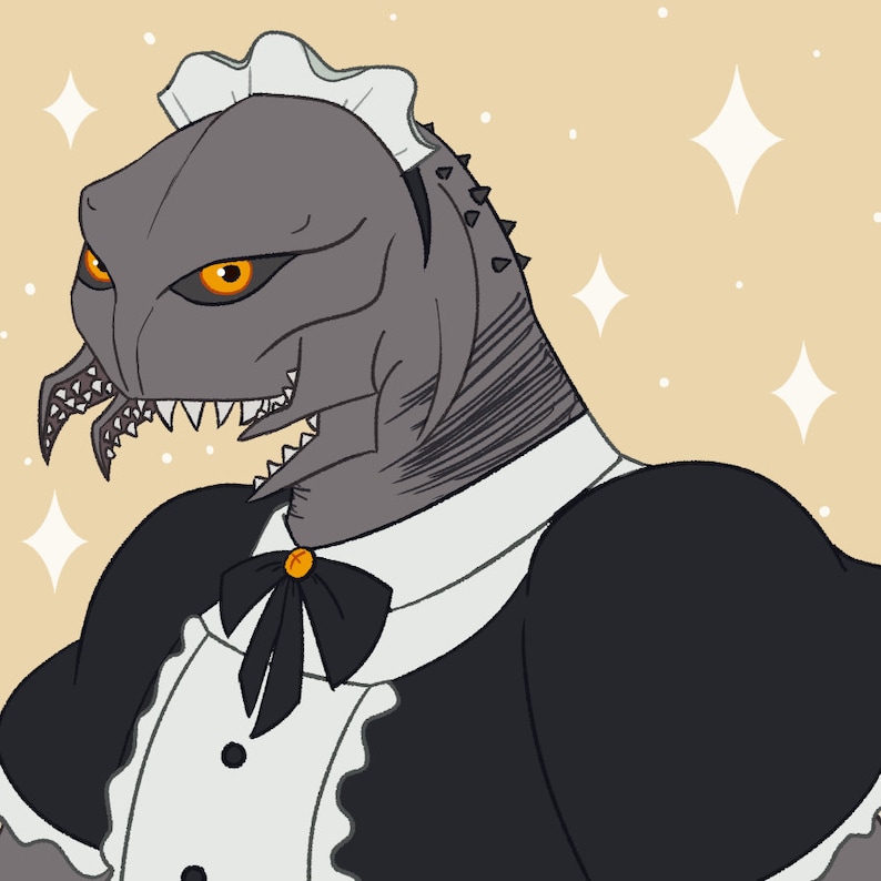 May include: A grey monster wearing a black and white maid outfit with a white frilly collar and a black bow. The monster has a large mouth with sharp teeth and orange eyes.