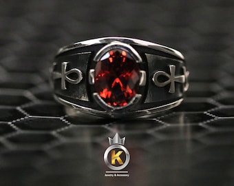 Silver Egyptian Ankh Ring Red stone Silver Ring Ankh Ring 925 Sterling Silver Red CZ