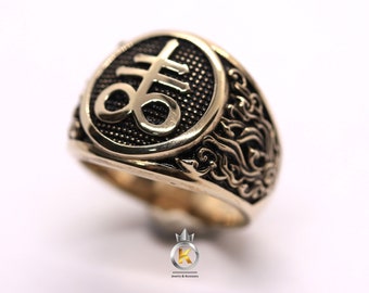Satanic Cross Brass Ring: Leviathan Symbol