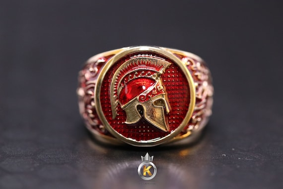 Spartan Warrior Brass Ring with Red Enamel