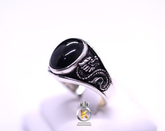Chinese Dragon Silver Onyx Men Ring, 925 Sterling Silver Mythology